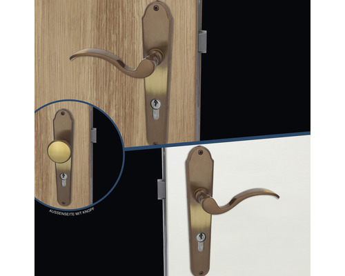 Jeu de ferrures de porte avec poignée de porte et bouton montés sur la porte