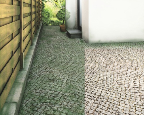 Gepflasterter Weg mit Holzzaun neben einem Haus