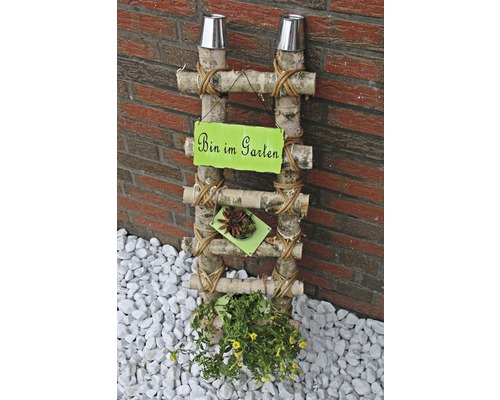 Échelle décorative en bois de bouleau avec plantes et panneau ''Bin im Garten'' comme décoration de jardin