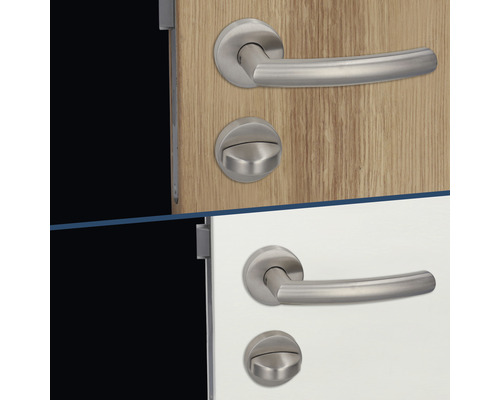 Türbeschlag-Garnitur aus Edelstahl mit Drehknauf auf Holz- und Weißlacktür