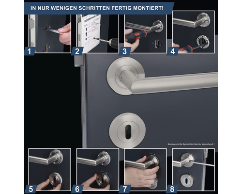 Montageanleitung einer Türgarnitur in acht Schritten.