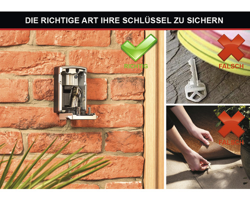 Schlüsselbox zur sicheren Aufbewahrung von Schlüsseln an einer Ziegelwand, mit Darstellung von richtigen und falschen Verstecken