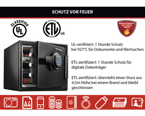 Feuersicherer Tresor mit elektronischem Schloss und verschiedenen Zertifizierungen zum Schutz vor Feuer