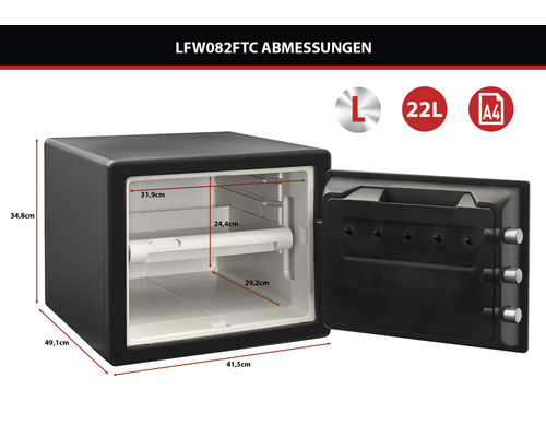 Abmessungen Tresor, Größe L, 22 Liter, Format A4