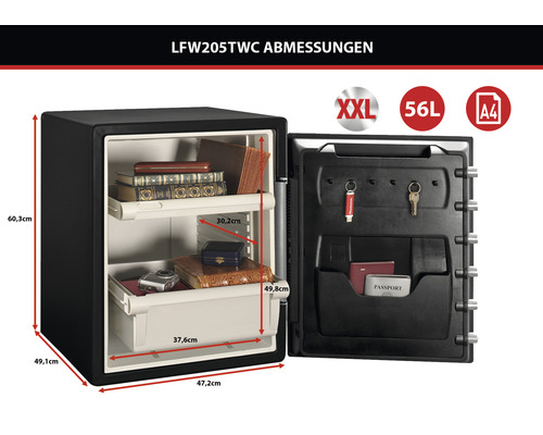 Geöffneter Möbeltresor mit Fächern und Maßen