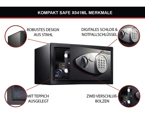 Kompakter Tresor mit digitalem Schloss, robuster Stahlausführung und Teppichauskleidung.