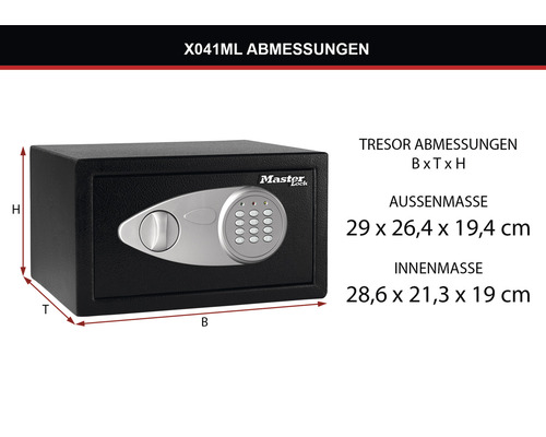Master Lock Tresor mit den Abmessungen Breite, Tiefe und Höhe