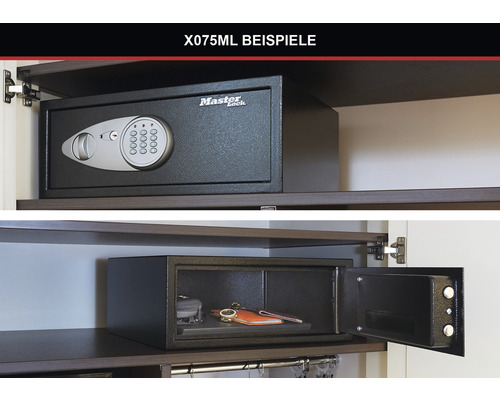 Coffre-fort Master Lock dans l''armoire, une fois fermé avec un code numérique, une fois ouvert avec son contenu