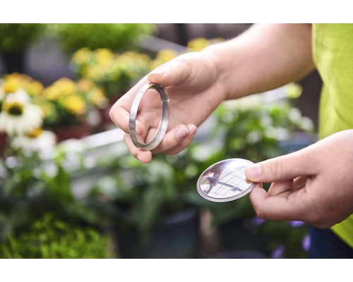 Des mains tiennent un anneau et un tamis devant des plantes