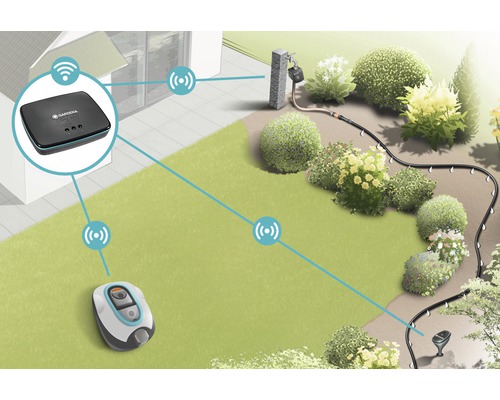 Illustration d''un jardin avec le système Gardena Smart pour l''irrigation et l''entretien de la pelouse