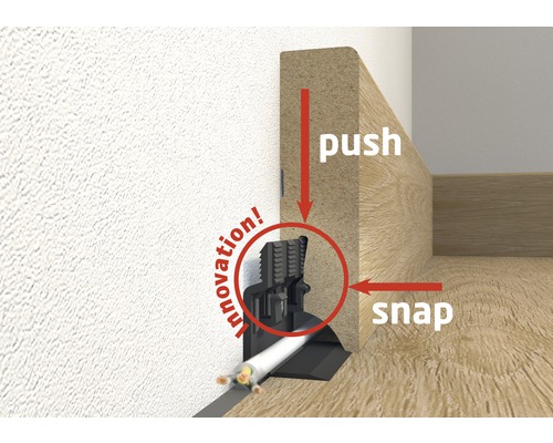 Sockelleiste mit Kabelführung und Installationshinweisen