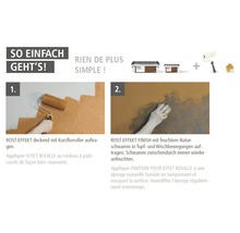 Instructions pour la création d''un mur à effet rouille : Appliquer la peinture au rouleau, puis travailler avec une éponge naturelle humide.