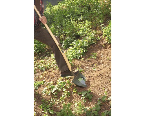 Une personne utilise une bêche pour retourner la terre dans le jardin.