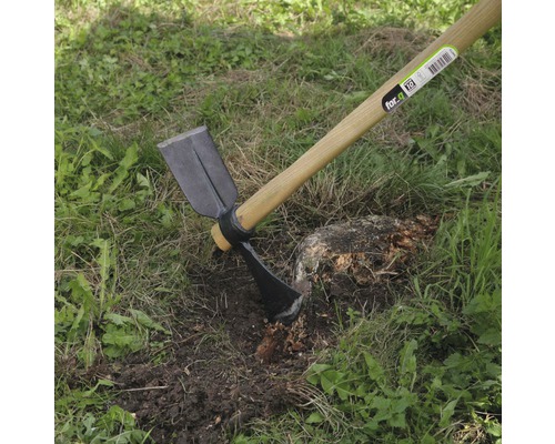 Doppelhacke zum Bearbeiten von Erde im Garten.