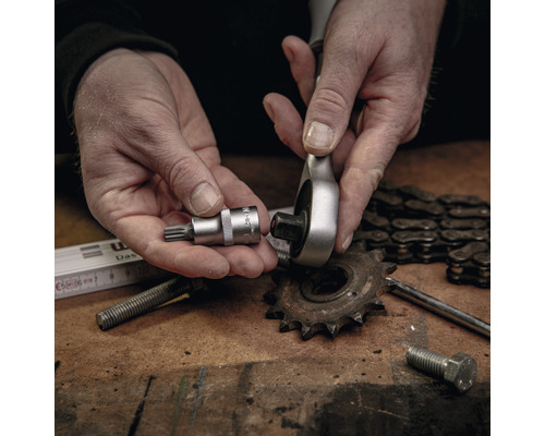 Eine Hand hält einen Steckschlüsseleinsatz und eine Hand hält eine Knarre über einer Werkbank