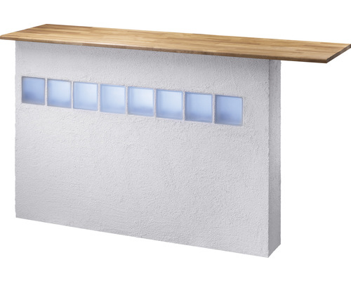Bar mit Holzplatte und Dekoration aus Glasbausteinen