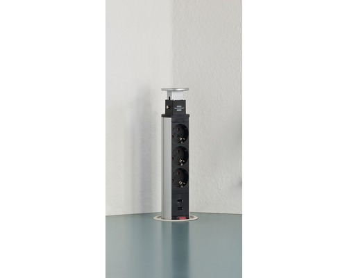 Colonne de prises escamotable avec trois prises et ports USB