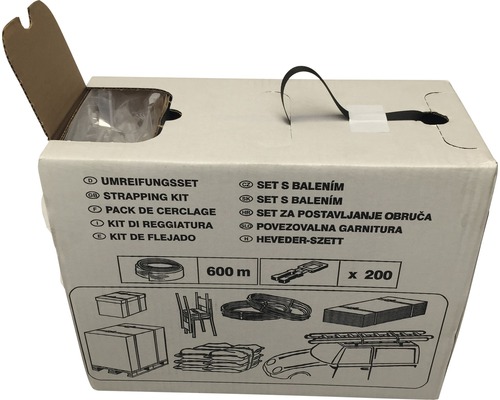 Kit de cerclage dans une boîte en carton, longueur de bande de 600 mètres, 200 pièces