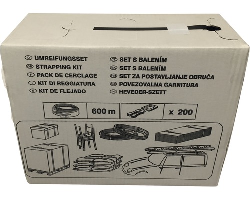 Emballage d''un kit de cerclage avec une longueur de bande de 600 mètres et 200 pièces d''accessoires