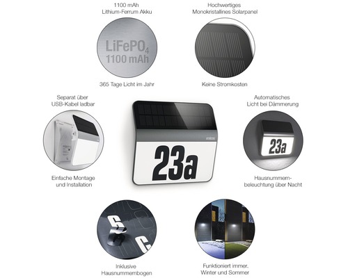 Solar Hausnummernleuchte mit monokristallinem Solarpanel, Lithium-Eisenphosphat Akku, USB-Ladefunktion und Hausnummernbogen