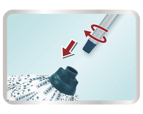 Wischmop mit Drehfunktion und Pfeilen, die die Montage darstellen