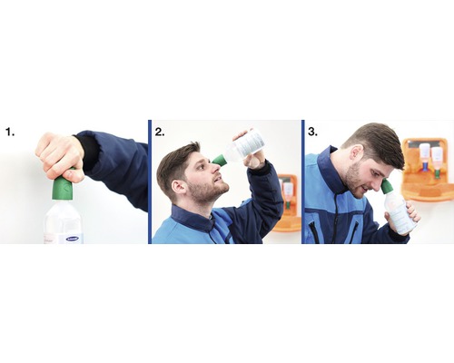 Anwendung einer Augenspülflasche in drei Schritten
