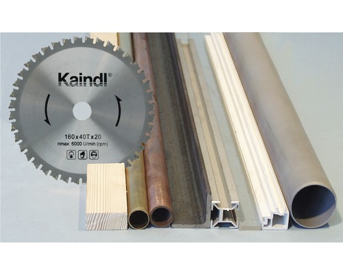 Kaindl Sägeblatt und verschiedene Materialien wie Holz, Metall und Kunststoff