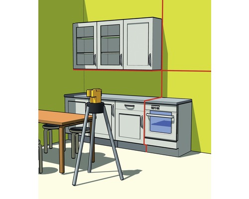 Illustration einer Kücheninstallation mit einem Linienlaser zur Ausrichtung