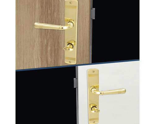 Goldene Türgarnitur mit Langschild an zwei verschiedenen Türen.