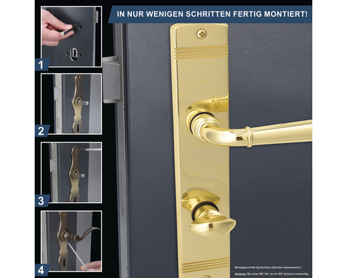Montageanleitung für eine goldfarbene Türgarnitur auf einer Tür.