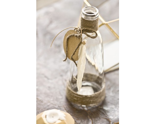 Bouteille décorative en verre avec ruban de jute et étiquette