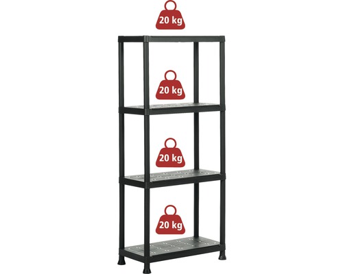 Étagère en plastique avec quatre tablettes et une capacité de charge de 20 kilogrammes par tablette