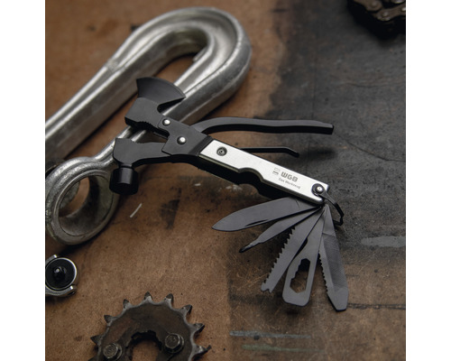 Multifunktionswerkzeug mit Axt, Hammer und verschiedenen Klingen