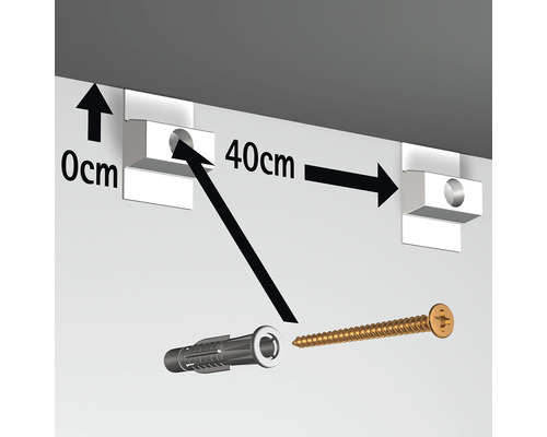 Schéma de montage de deux supports avec cheville et vis, écartement de 40 centimètres