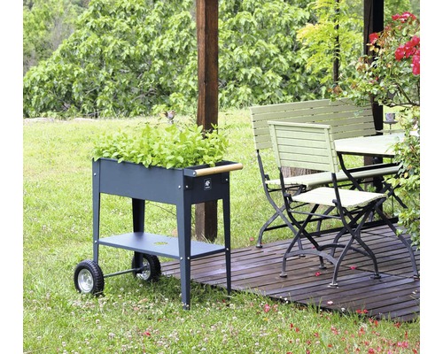 Gartenszene mit einem Kräuterwagen aus Metall, einem Gartentisch und einer Gartenbank auf einer Holzterrasse.