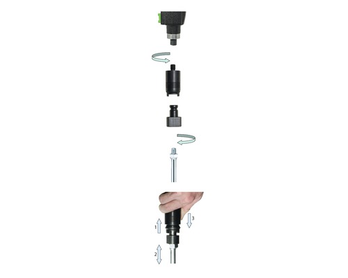 Explosionsdarstellung eines Maschinenteils mit mehreren Komponenten und Anweisungen zur Montage