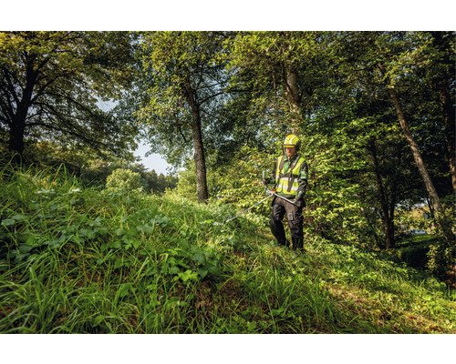 Eine Person mit Schutzhelm und Sicherheitsweste arbeitet mit einem Freischneider in einem bewaldeten Gebiet.