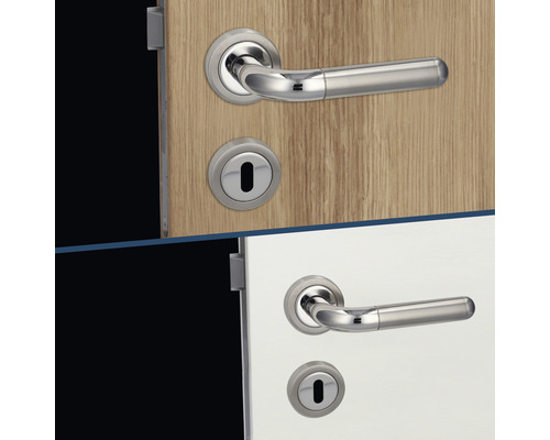 Garniture de porte avec poignée de porte et rosace sur deux portes