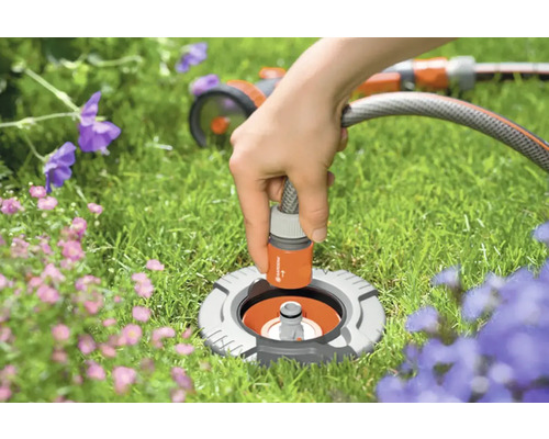 Scène de jardin avec prise d''eau enterrée et tuyau d''arrosage raccordé pour l''irrigation