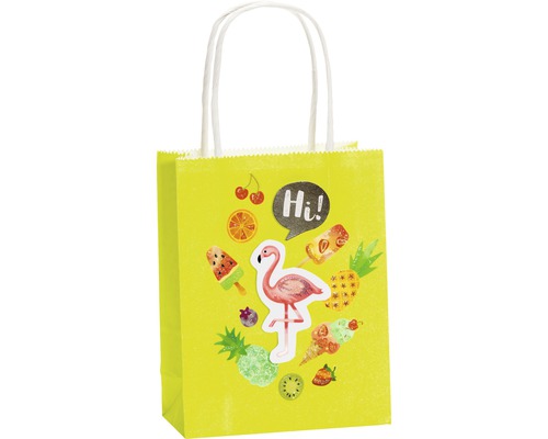 Sac en papier jaune avec motifs flamant rose et fruits