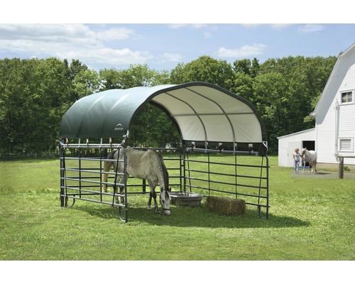 Pferdeunterstand mit Überdachung und Metallzaun auf einer Wiese