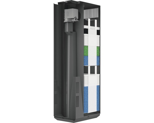 Vue intérieure d''un filtre d''aquarium avec pompe et masses filtrantes