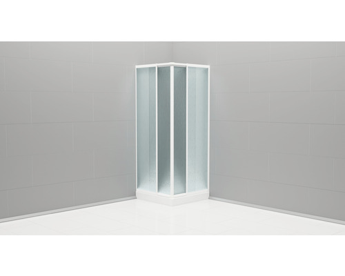 Eckdusche mit strukturierter Glasabtrennung und weißem Rahmen im Badezimmer.