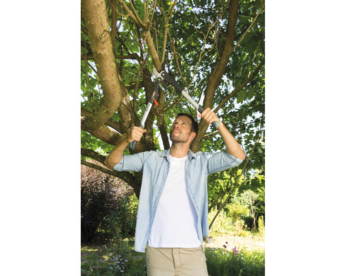 Un homme coupe des branches avec un ébrancheur dans le jardin.
