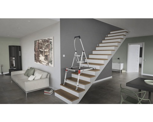 Échelle multifonctionnelle sur un escalier dans une pièce à vivre.