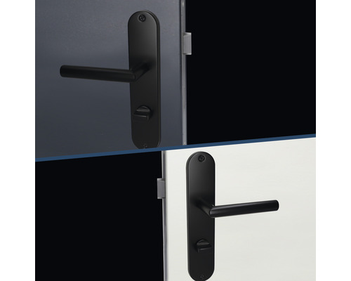 Schwarze Türgarnitur mit Langschild an einer Tür