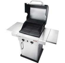 Barbecue à gaz avec deux brûleurs, tables latérales et couvercle ouvert