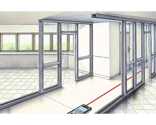 Illustration d''une pièce avec des montants métalliques et un télémètre laser pour mesurer les dimensions de la pièce.