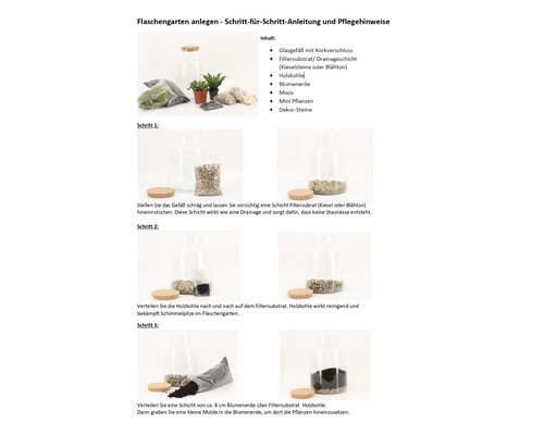 Anleitung zum Anlegen eines Flaschengartens mit Glasgefäß, Korkverschluss, Filtersubstrat, Holzkohle, Blumenerde, Moos, Mini Pflanzen und Dekorsteinen.