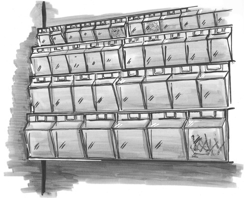 Illustration d''un mur d''étagères avec des boîtes de rangement transparentes